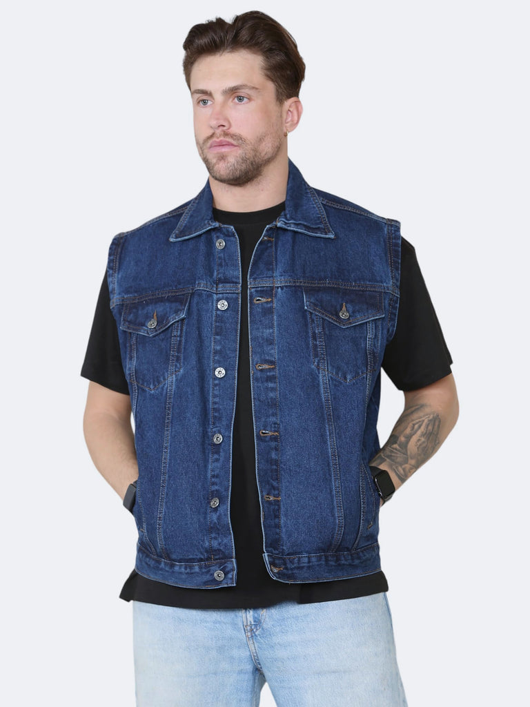 Men's Sleeveless Denim Shirt - 100% Cotton Button Front With Chest Pockets - View #12