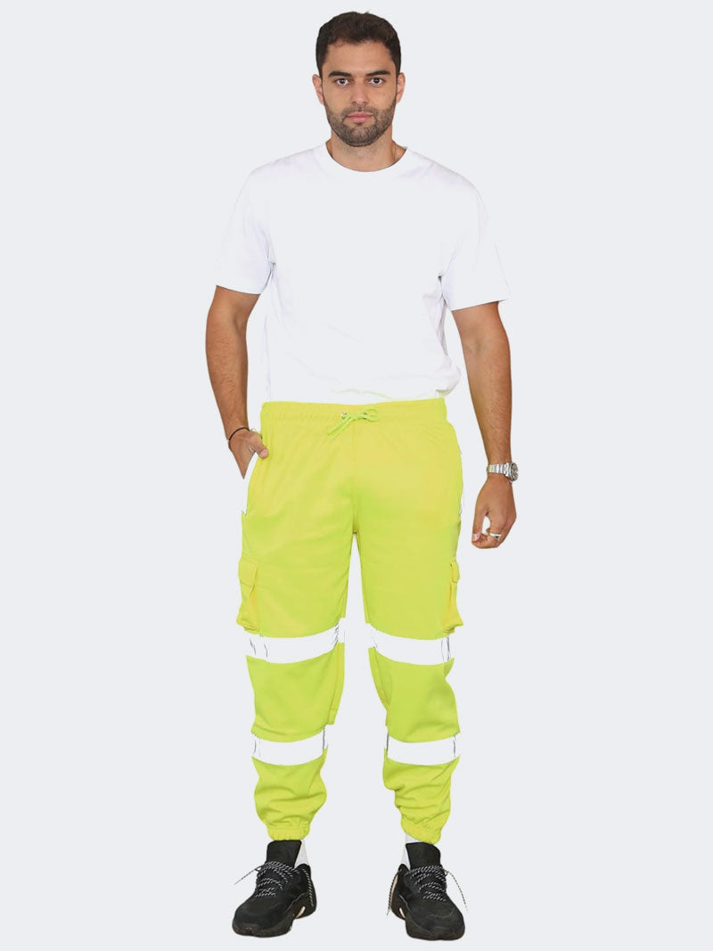 High visibility work trousers for men with reflective safety bands