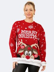 Women's Knitted Xmas Merry Christmas Pom Pom Christmas Jumper