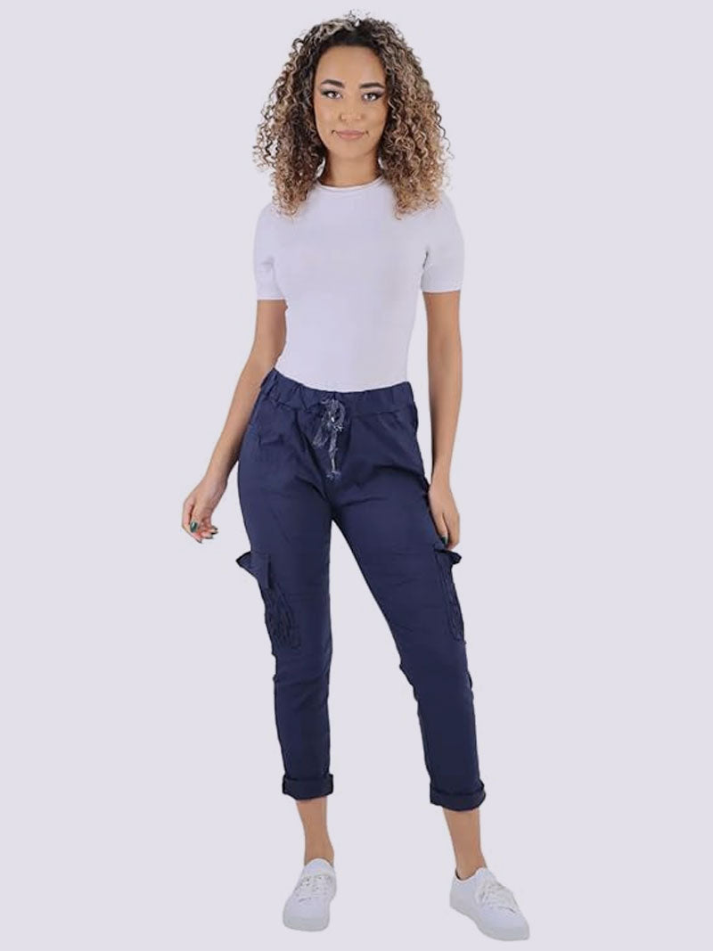 Womens Plain Magic Italian Cargo Trouser, Ladies Lagenlook Comfy Ruched Pocket Crushed Casual Summer Joggers Stretchy Bottom Pants