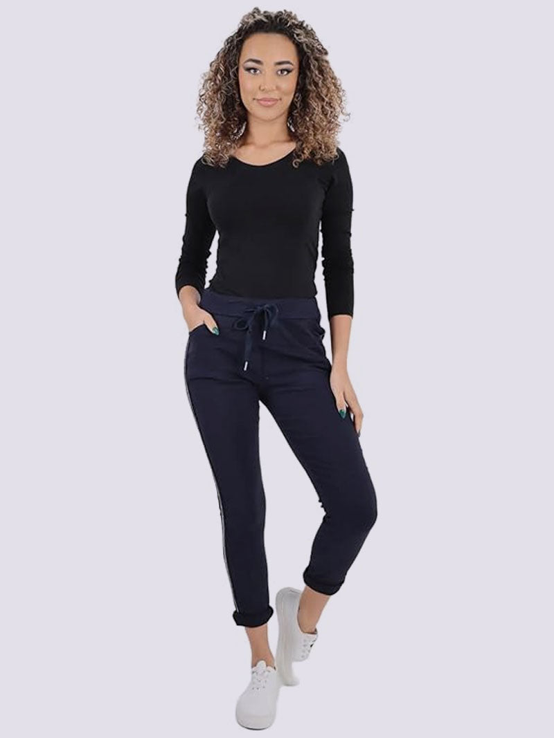 Womens Plain Side Glitter Ribbon Magic Trousers - Ladies Italian Yoga Pants Lagenlook Jogger Active Casual Stretchy Joggers Bottom Pants
