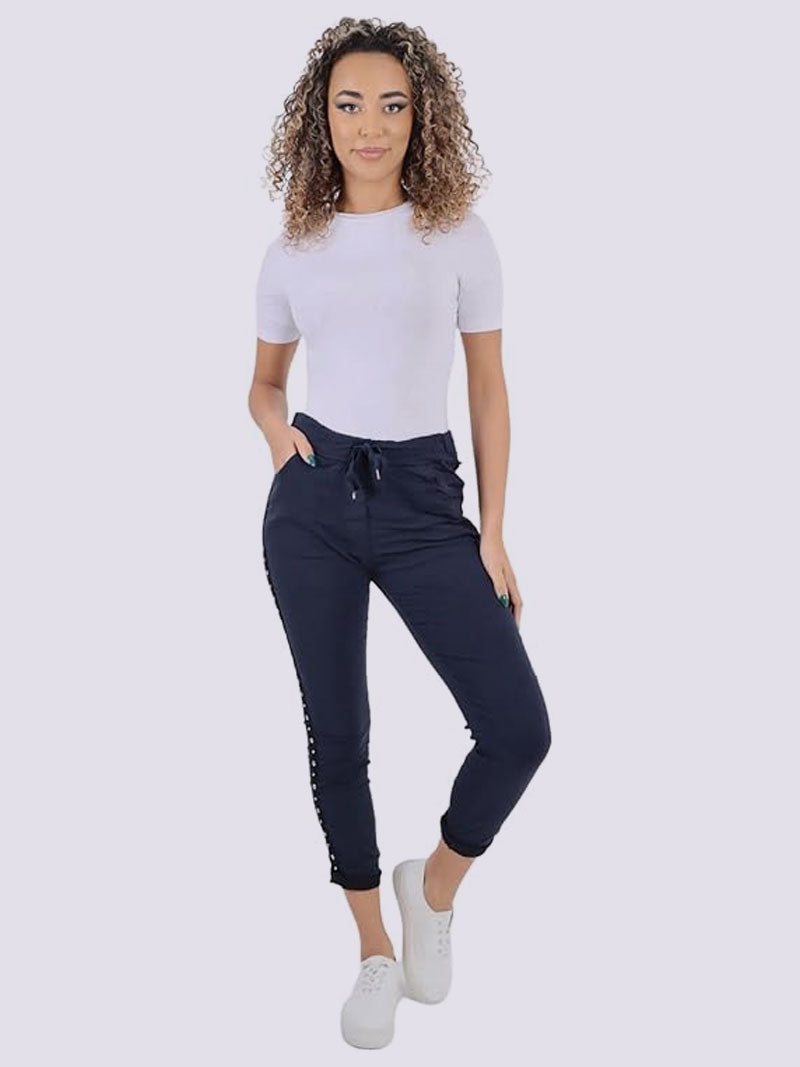 Womens Stretch Plain Italian Side Diamante Magic Trousers, Ladies Comfy Crushed Lagenlook Joggers Jeggings Bottom Pants