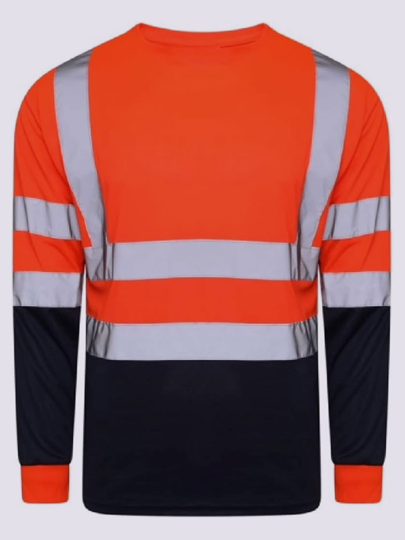 Hi Viz Mens Long Sleeve Crew Neck Two Tune Shirts - High Visibility Reflective Tape Safety Security Workwear Single Tone T-Shirt Tops