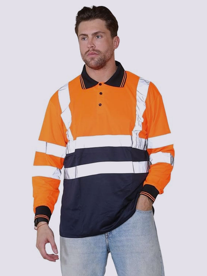 Hi Visibility Long Sleeve Polo T-Shirts, Men's Hi Viz Reflective Tape Safety Security Work Breathable Lightweight Workwear Shirts Tee Tops