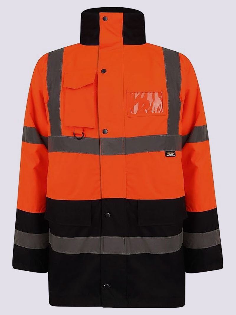 Hi Vis Viz Traffic Jacket High Visibility Heavy Duty Workwear Safety Security Concealed Hooded Padded Waterproof Fully Taped Seams Work Wear Parka Coat