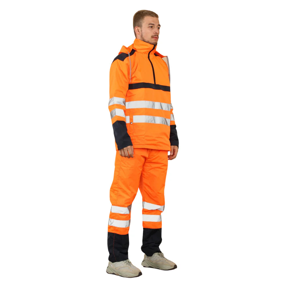 orange hi vis waterproof jacket and trousers set reflective workwear