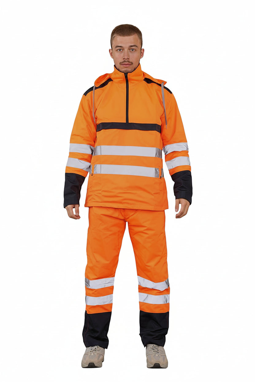 mens hi vis orange waterproof rain suit reflective workwear UK front view
