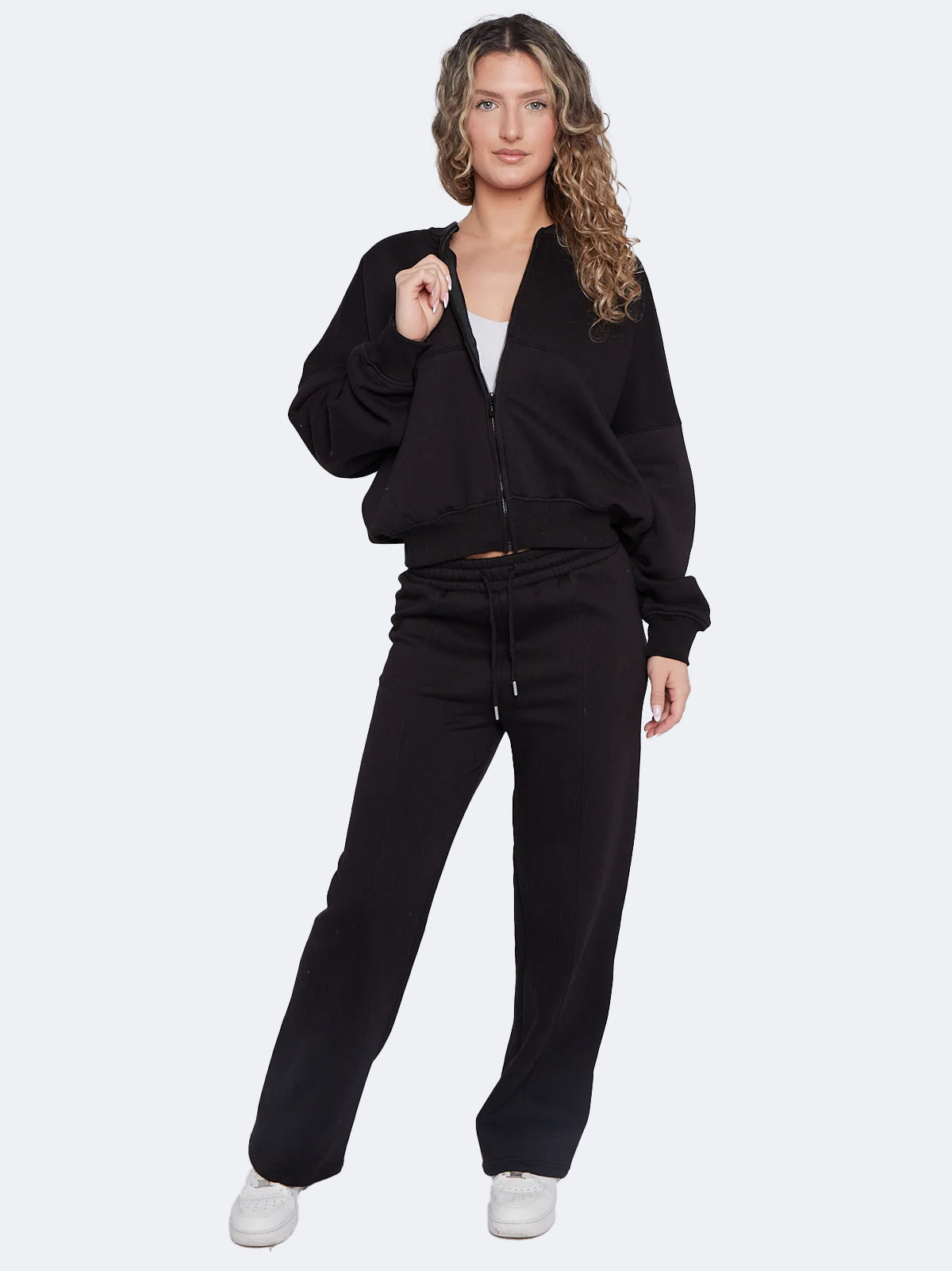 Women Oversized Bomber Style Fleece Zipper & Wide Leg Trouser Co-ord Set