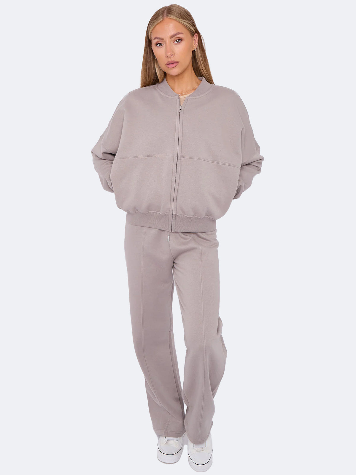 Women Oversized Bomber Style Fleece Zipper & Wide Leg Trouser Co-ord Set