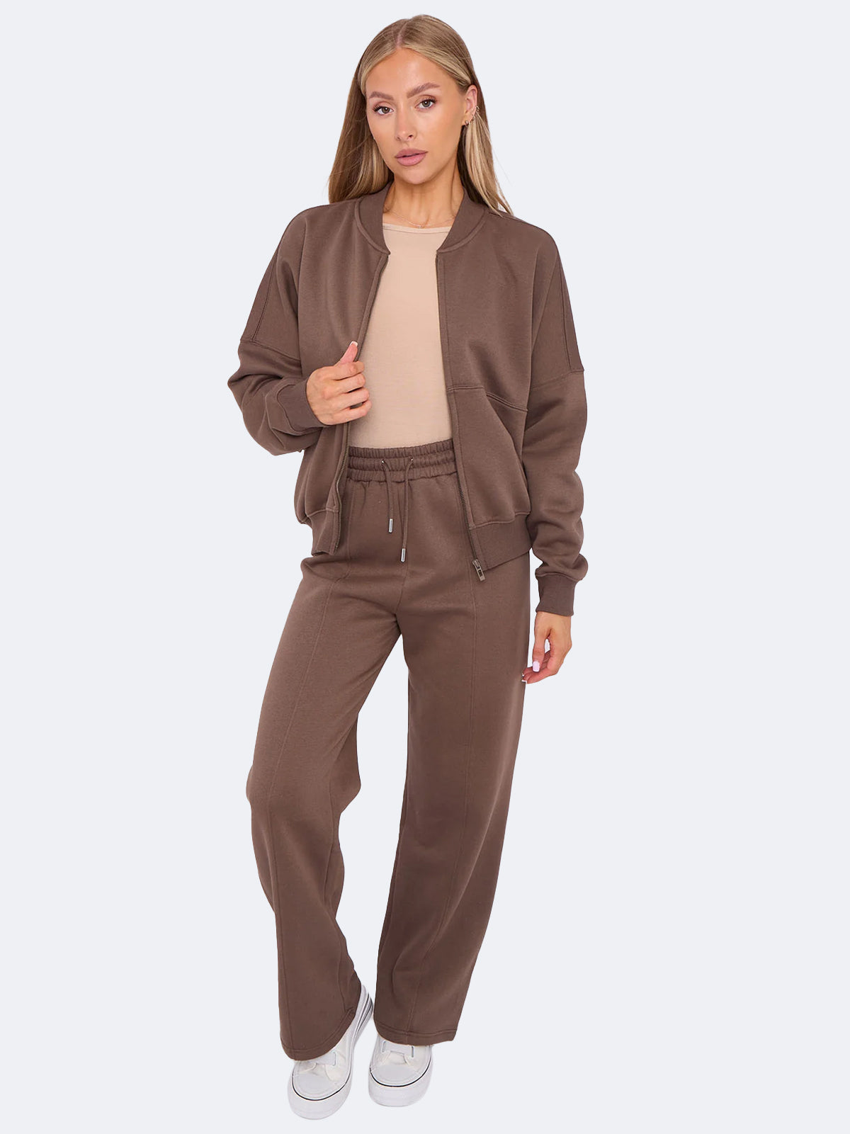 Women Oversized Bomber Style Fleece Zipper & Wide Leg Trouser Co-ord Set