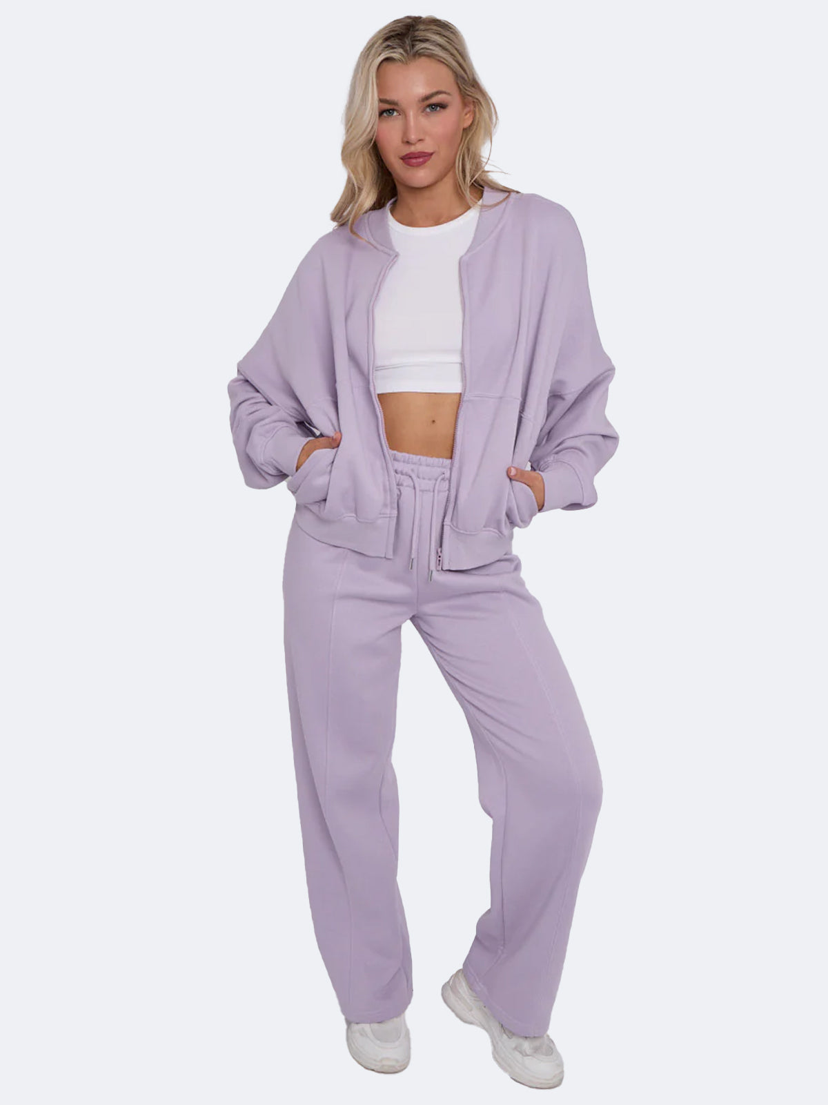 Women Oversized Bomber Style Fleece Zipper & Wide Leg Trouser Co-ord Set