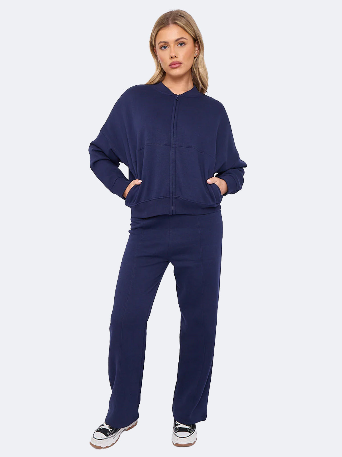 Women Oversized Bomber Style Fleece Zipper & Wide Leg Trouser Co-ord Set