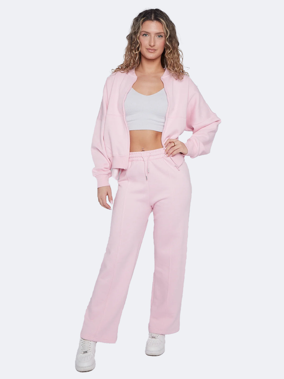 Women Oversized Bomber Style Fleece Zipper & Wide Leg Trouser Co-ord Set