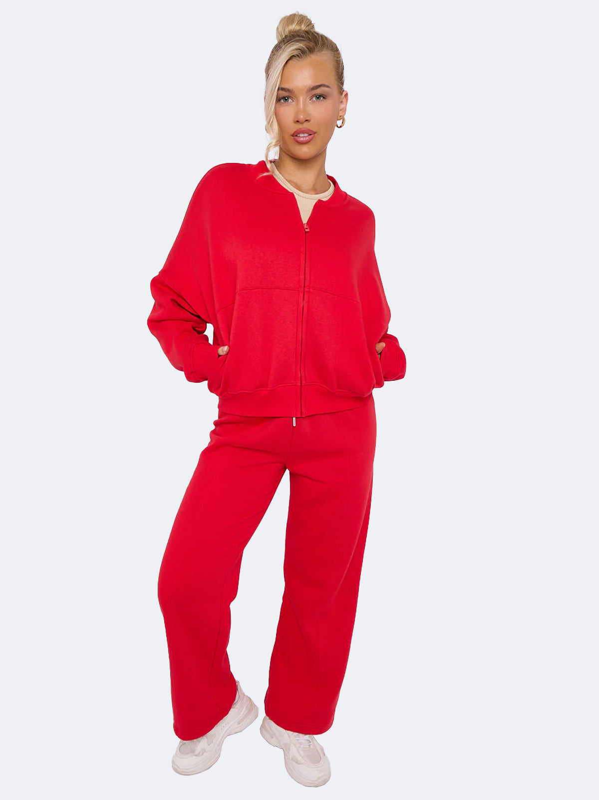 Women Oversized Bomber Style Fleece Zipper & Wide Leg Trouser Co-ord Set