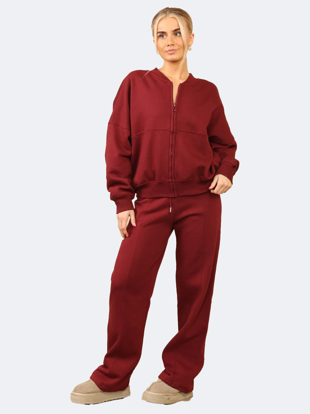 Women Oversized Bomber Style Fleece Zipper & Wide Leg Trouser Co-ord Set