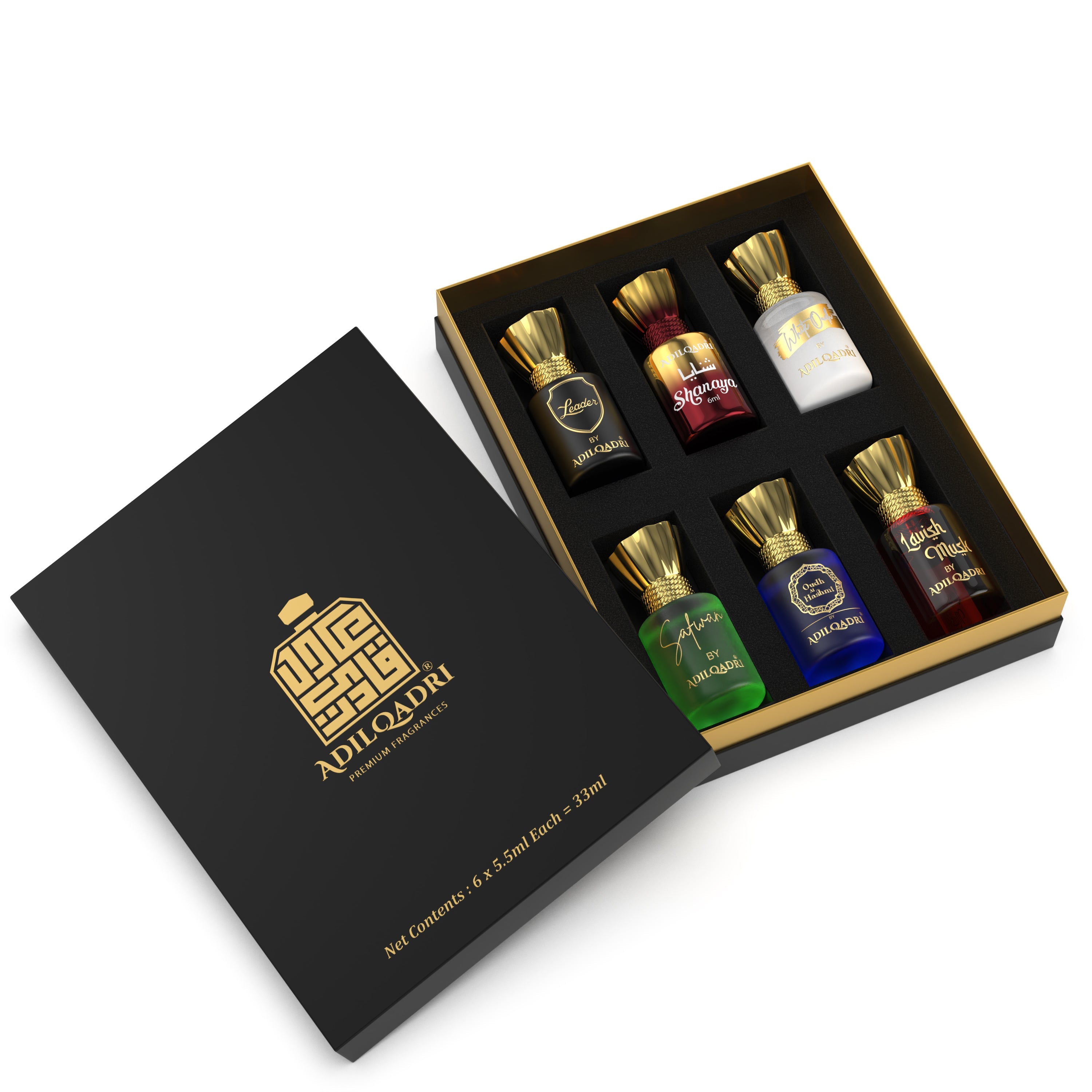 Luxury Attar Perfume Gift Set, 6 unique 5.5ml bottles, elegant fragrance collection.