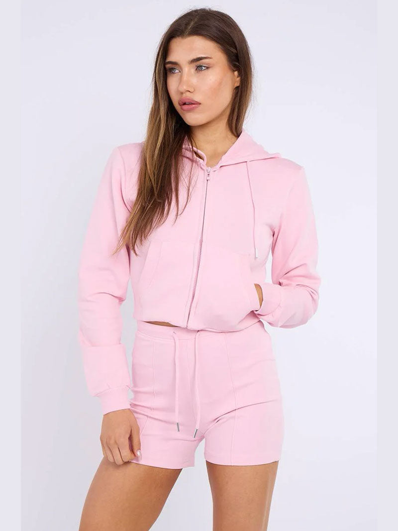 Zipped Hooded Crop Top & Seam Detail Shorts Fleece Co-ord