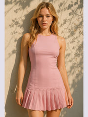 Racer Neck Pleated Mini Dress