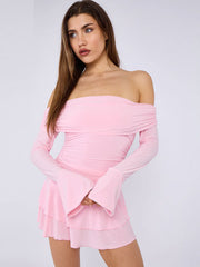 Side Ruched Off Shoulder Frill Detail Dress
