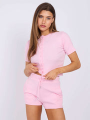 Ribbed Button Through Short Sleeve Top and Shorts Co-ord