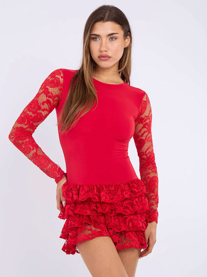 Slinky Long Sleeve Lace Multi Frill Detail Dress