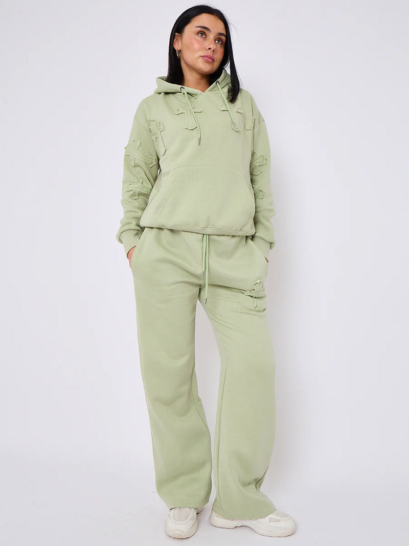 Front & Back Cross Embroidered Hooded Fleece Co-ord