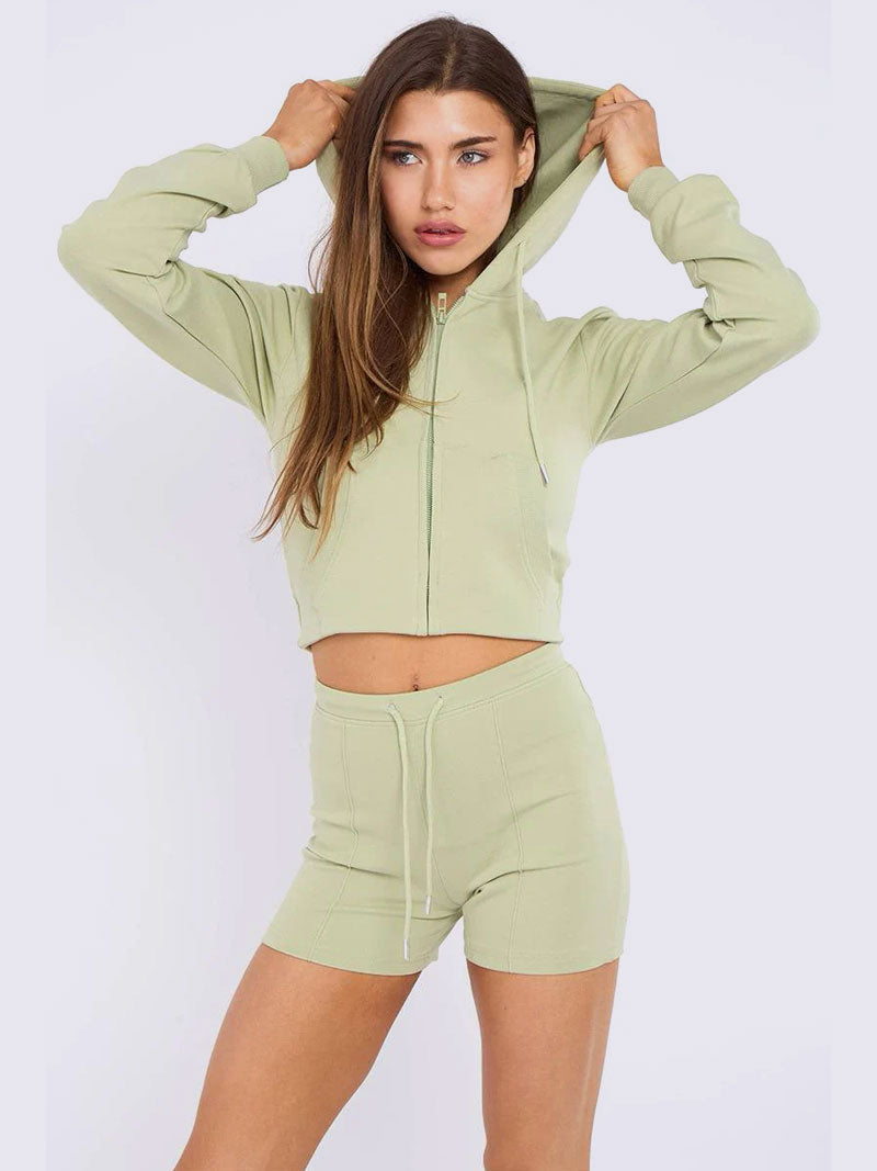 Zipped Hooded Crop Top & Seam Detail Shorts Fleece Co-ord