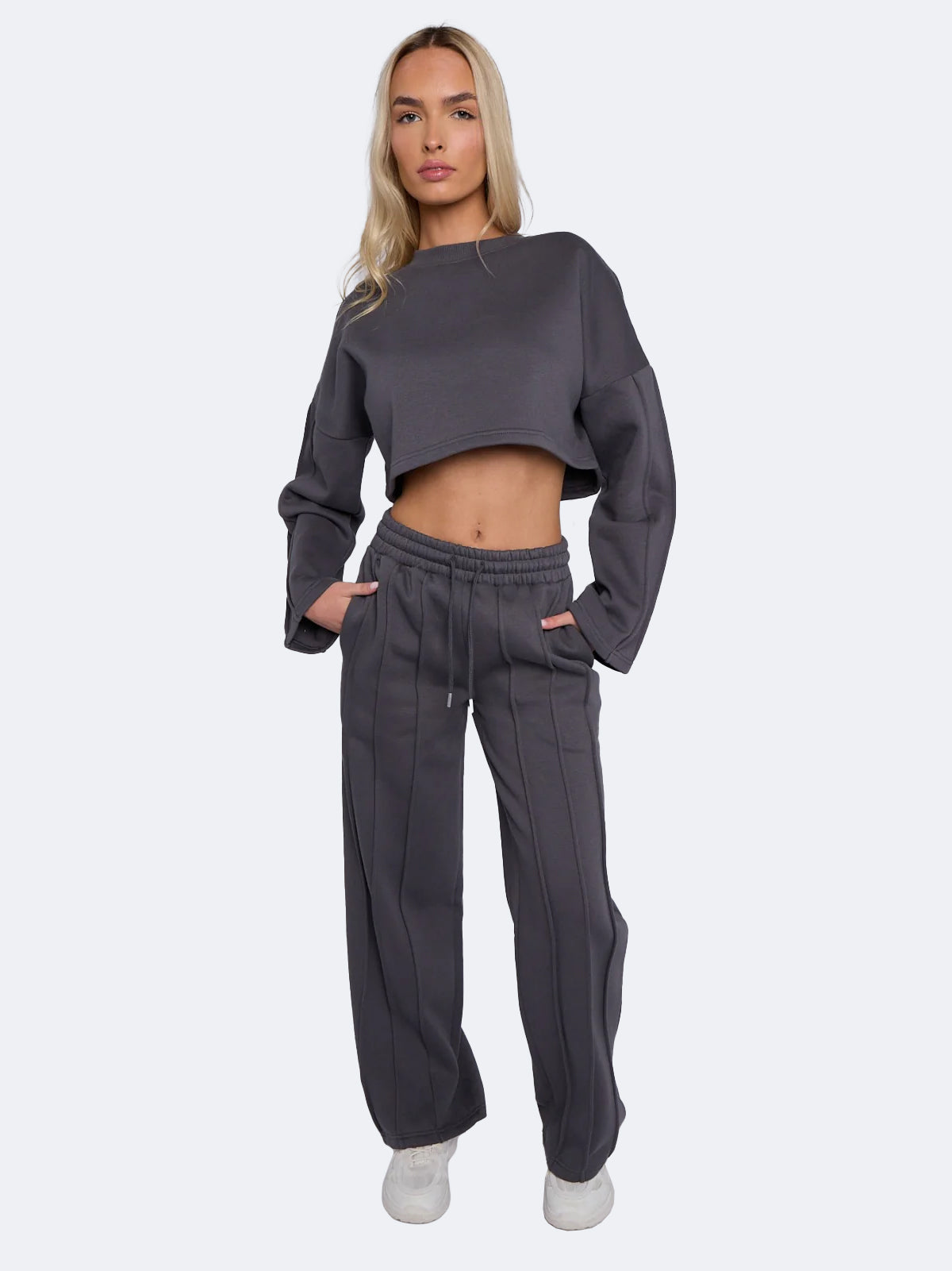 Women Seam Detail Oversized Crop Top & Joggers Fleece Co-ord Set