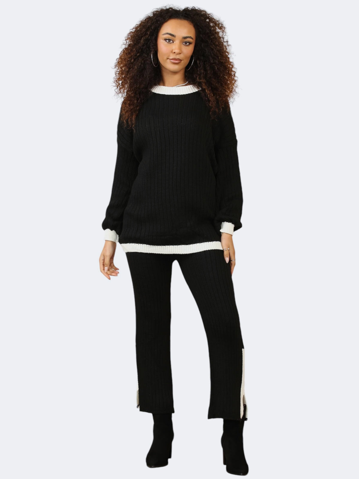 Women’s Knitted Contrast Jumper and Side Slit Trouser 2-Pcs Co-Ord Tracksuit Set