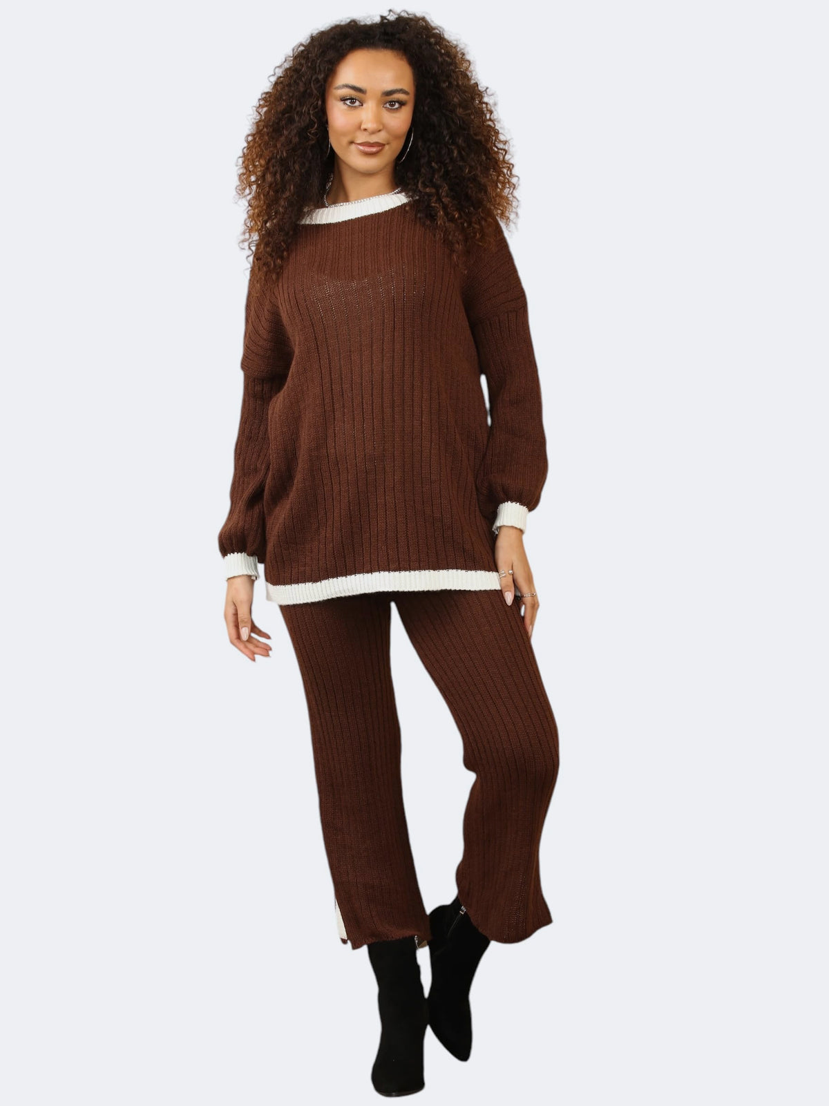 Women’s Knitted Contrast Jumper and Side Slit Trouser 2-Pcs Co-Ord Tracksuit Set