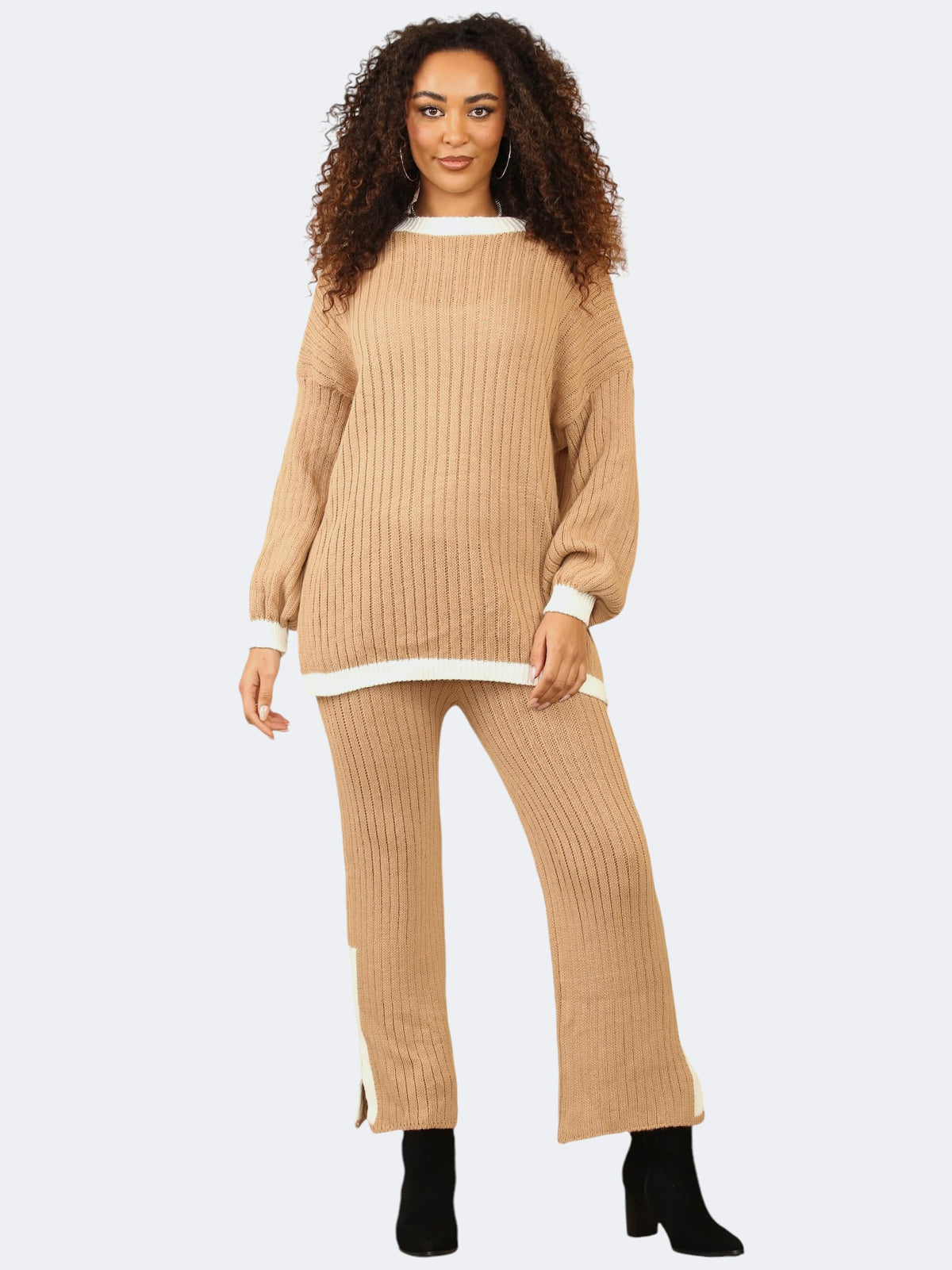 Women’s Knitted Contrast Jumper and Side Slit Trouser 2-Pcs Co-Ord Tracksuit Set