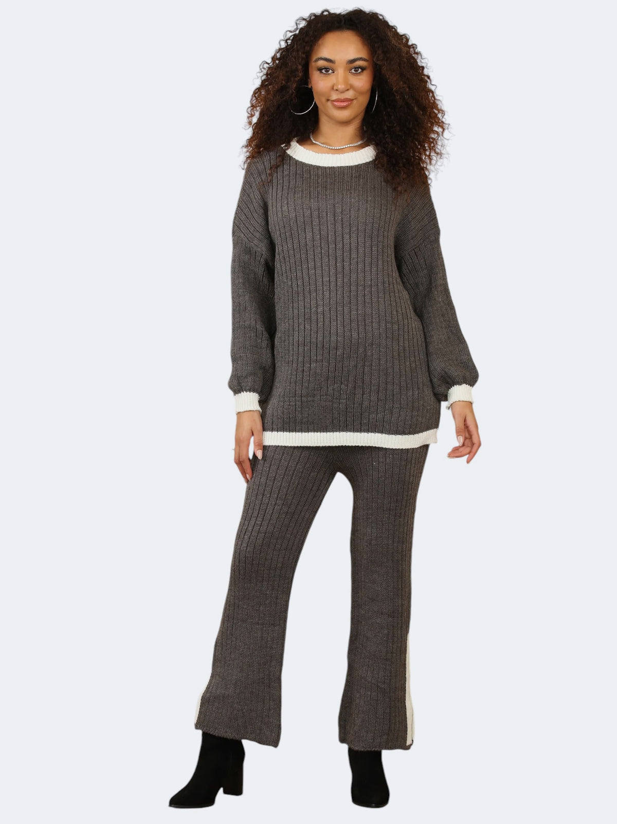 Women’s Knitted Contrast Jumper and Side Slit Trouser 2-Pcs Co-Ord Tracksuit Set