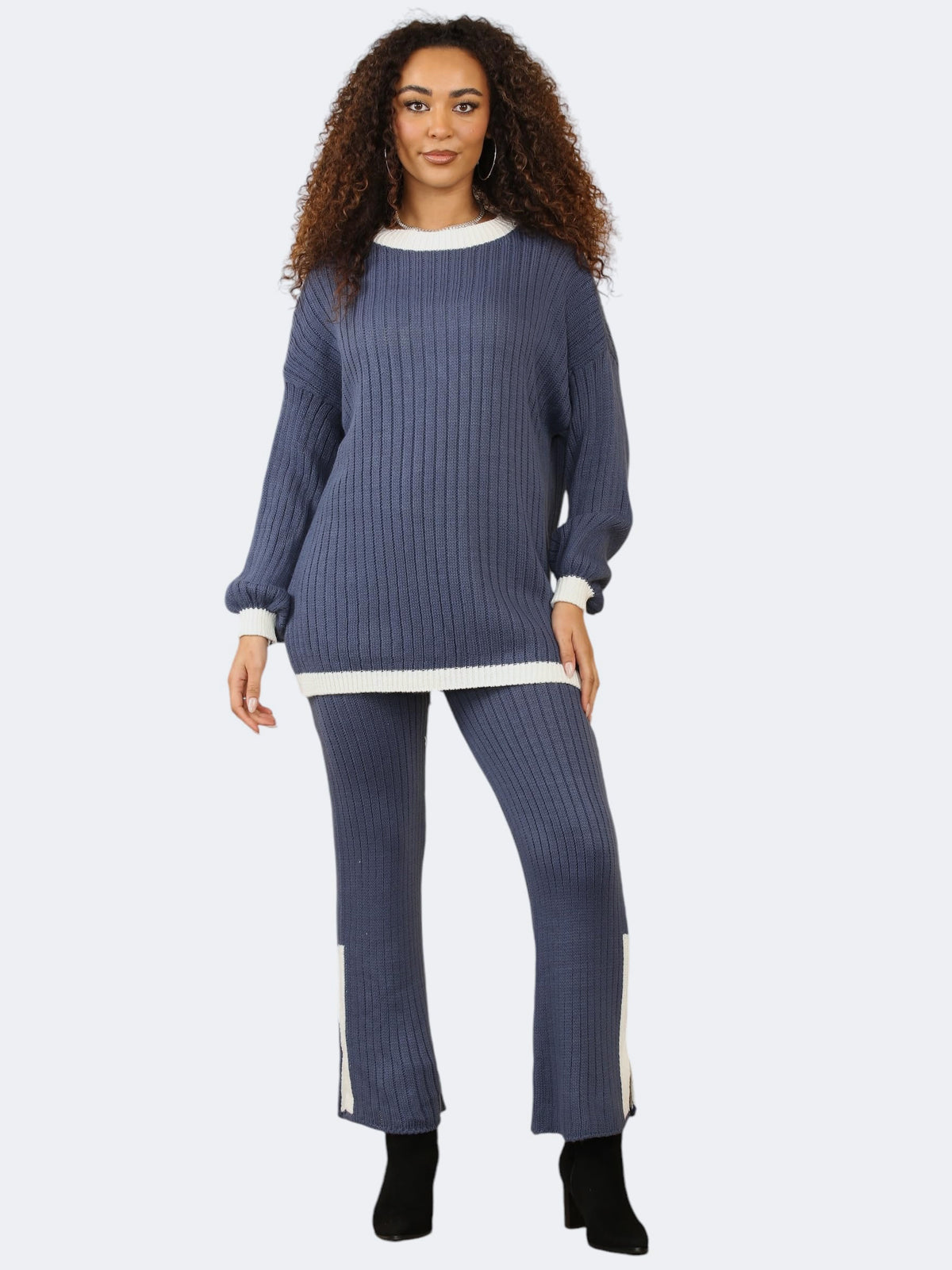 Women’s Knitted Contrast Jumper and Side Slit Trouser 2-Pcs Co-Ord Tracksuit Set