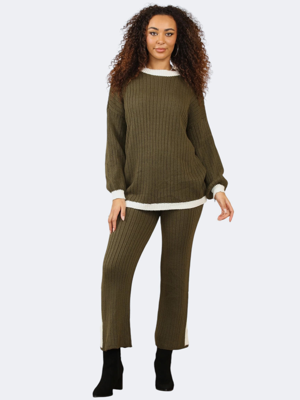 Women’s Knitted Contrast Jumper and Side Slit Trouser 2-Pcs Co-Ord Tracksuit Set