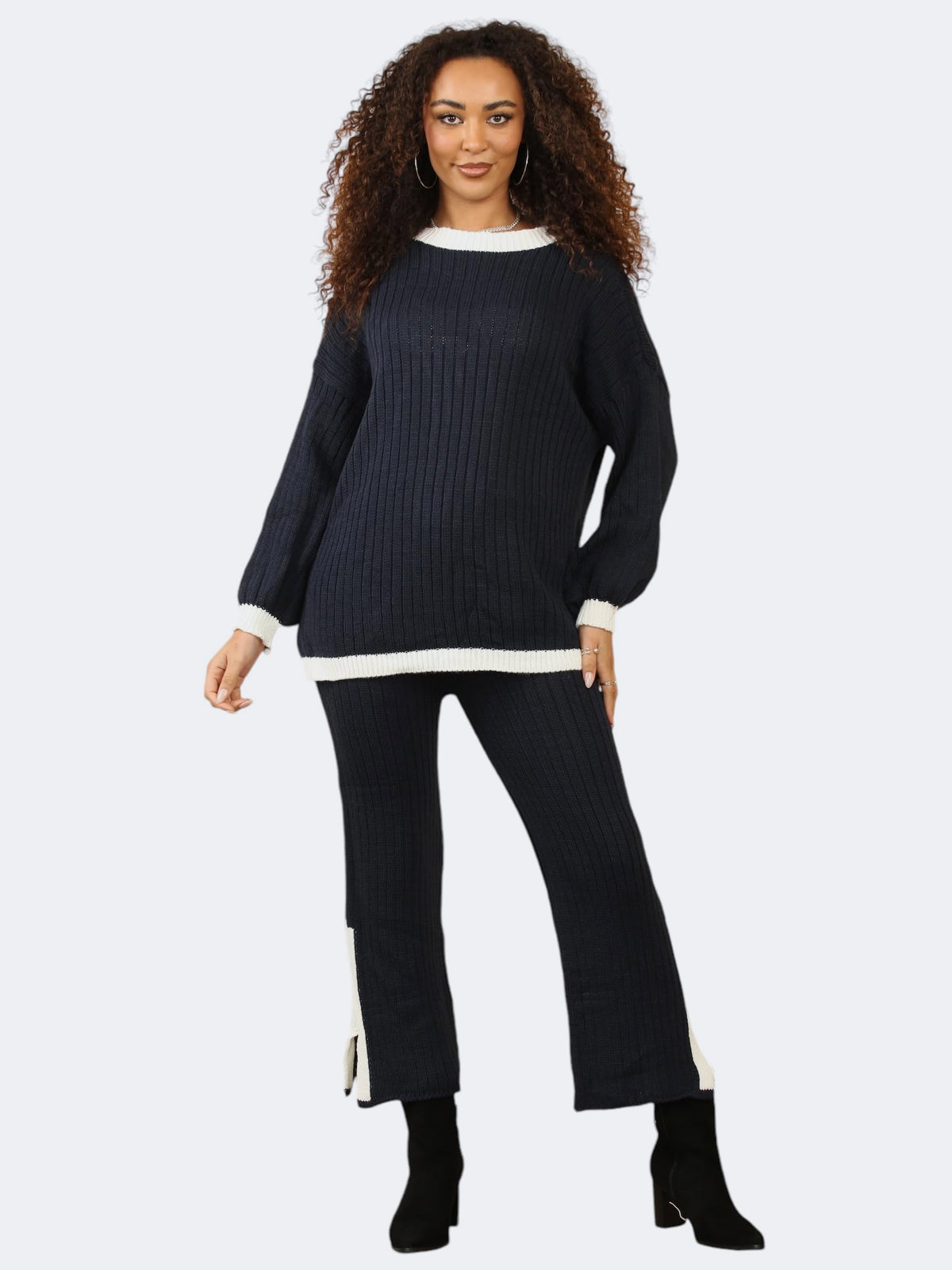 Women’s Knitted Contrast Jumper and Side Slit Trouser 2-Pcs Co-Ord Tracksuit Set