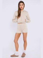 Zipped Hooded Crop Top & Seam Detail Shorts Fleece Co-ord