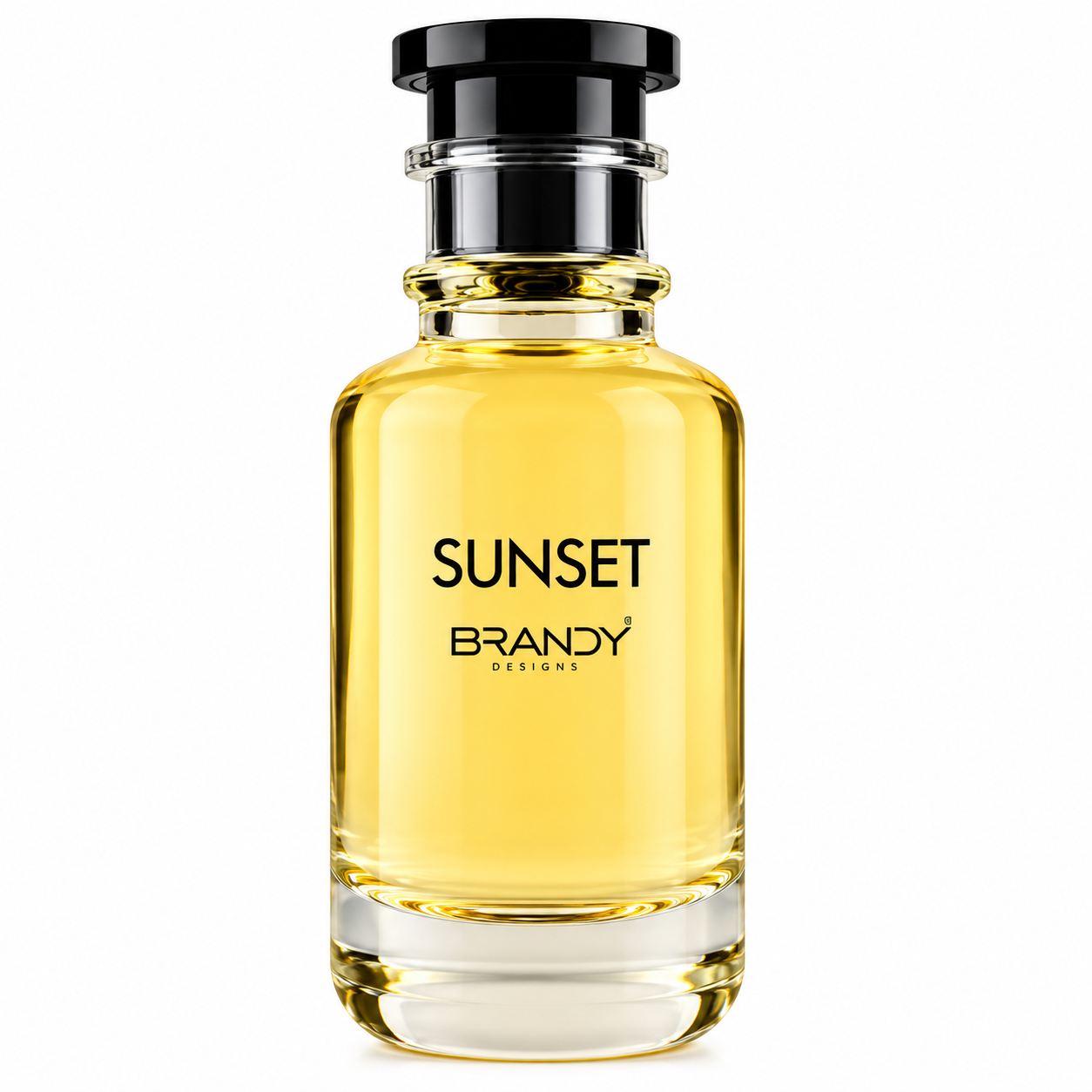 Sunset Eau de Parfum 100ml luxury perfume spray, bottle with golden liquid, soft light. Image 1 of 2.