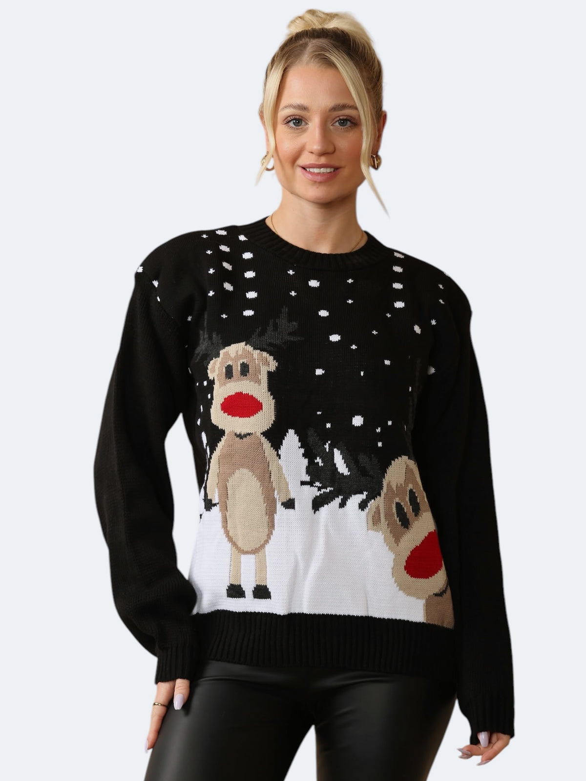 Women's Knitted Xmas Twin Reindeer Christmas Jumper