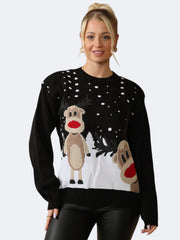 Women's Knitted Xmas Twin Reindeer Christmas Jumper