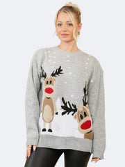 Women's Knitted Xmas Twin Reindeer Christmas Jumper