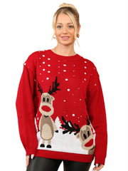 Women's Knitted Xmas Twin Reindeer Christmas Jumper