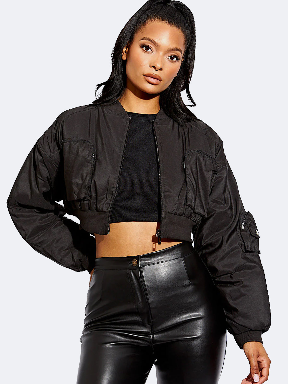 Women Ruched Sleeve Utility Pocket Cropped Bomber Jacket