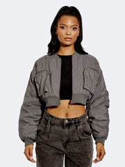 Women Ruched Sleeve Utility Pocket Cropped Bomber Jacket