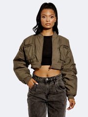 Women Ruched Sleeve Utility Pocket Cropped Bomber Jacket