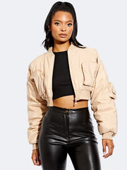 Women Ruched Sleeve Utility Pocket Cropped Bomber Jacket