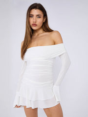 Side Ruched Off Shoulder Frill Detail Dress