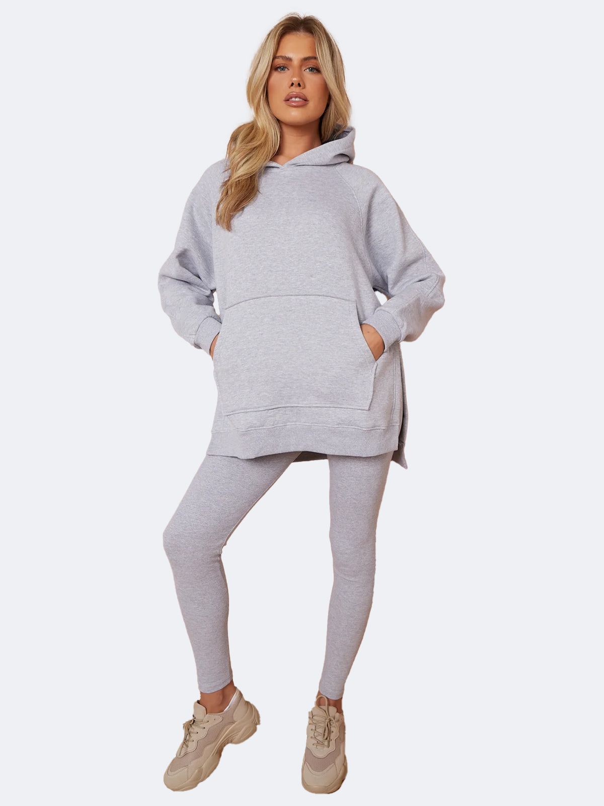 Women Oversized Split Sides Hoodie & Ribbed Leggings Co-ord Set