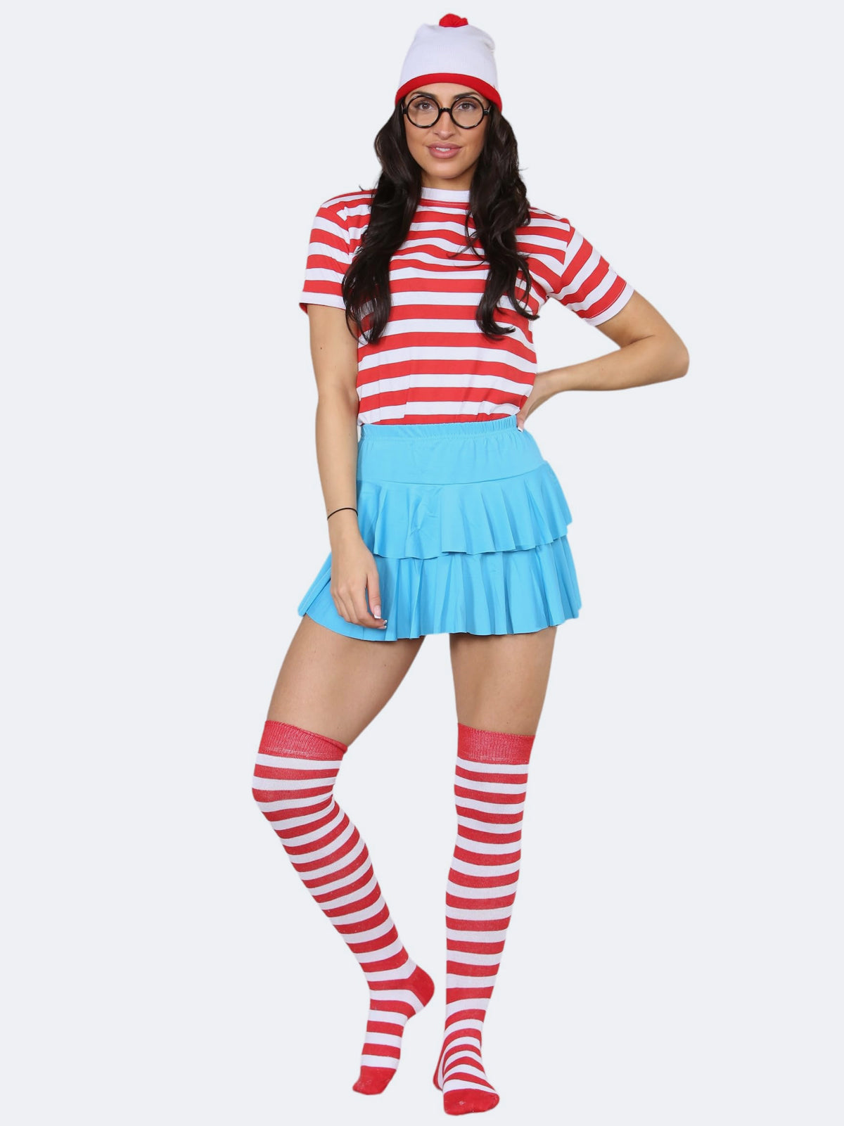 Women Red White T-Shirt, Hat, Glasses, Skirt, Socks 5Pcs Book Week Fancy Dress