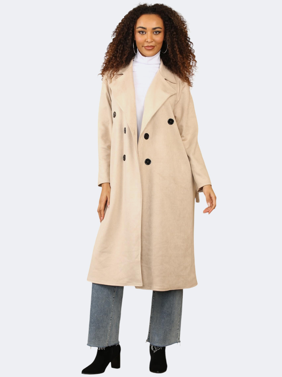 Women Italian Notch Lapel Double Breasted Waist Tie Thermal Trench Coat