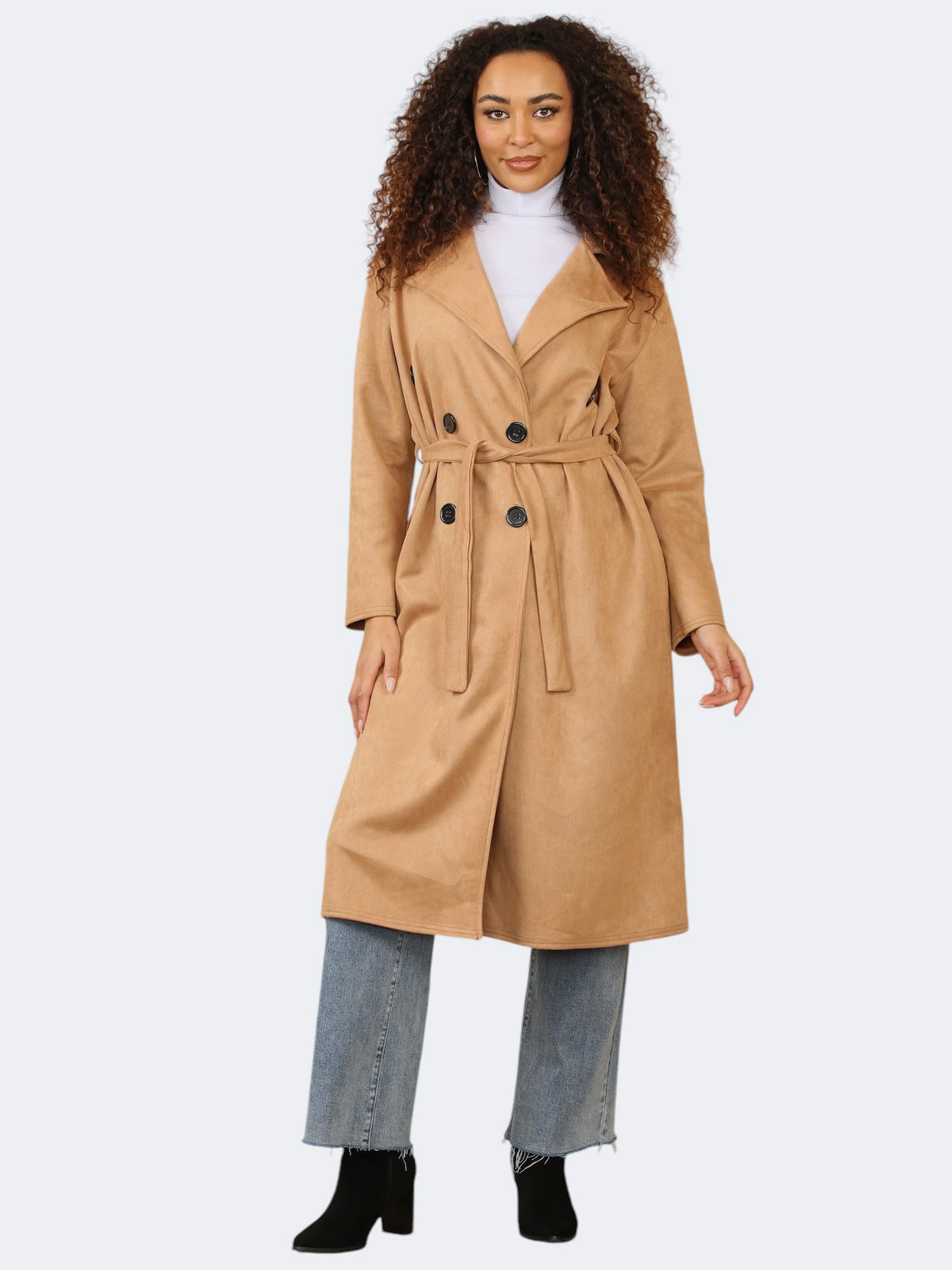 Women Italian Notch Lapel Double Breasted Waist Tie Thermal Trench Coat